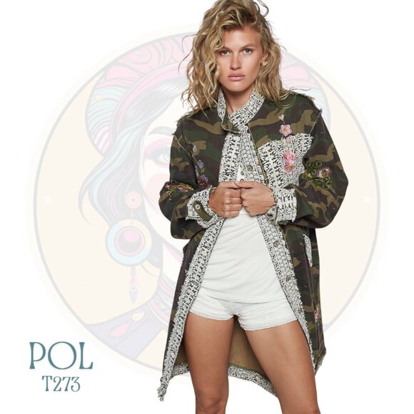 T273 POL LAST ONE Olive Camo Embroidered Lace Patch Jacket - Picture 1 of 2